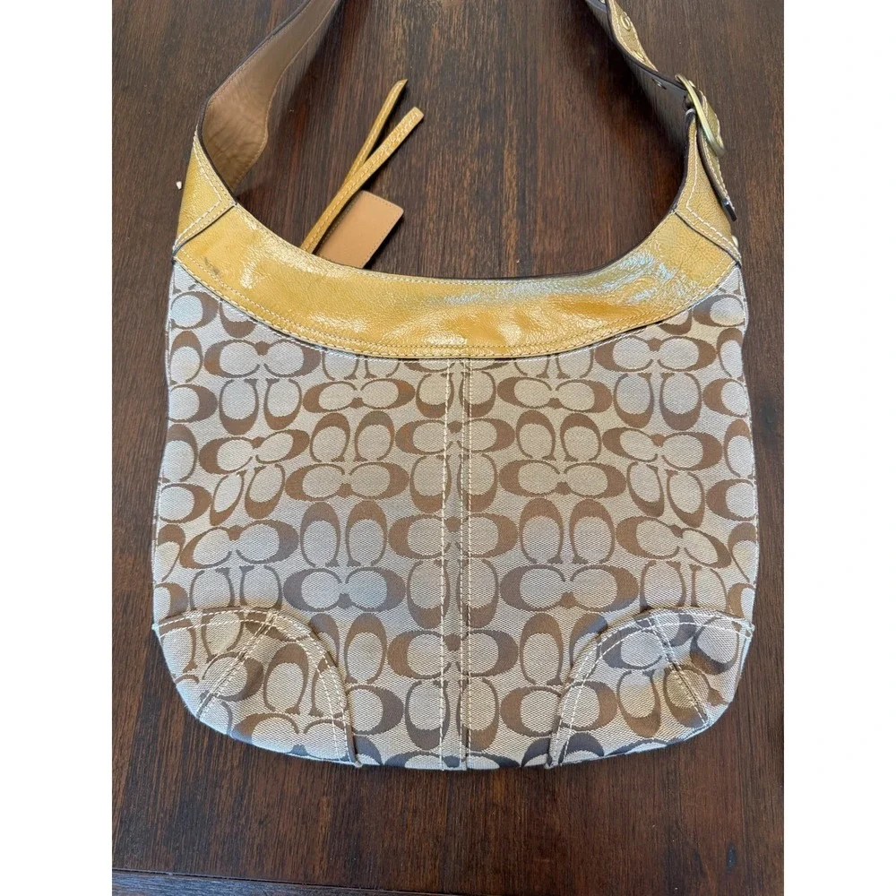 Coach Signature Jacquard Hobo Bag Yellow Patent Leather Trim Khaki Monogram